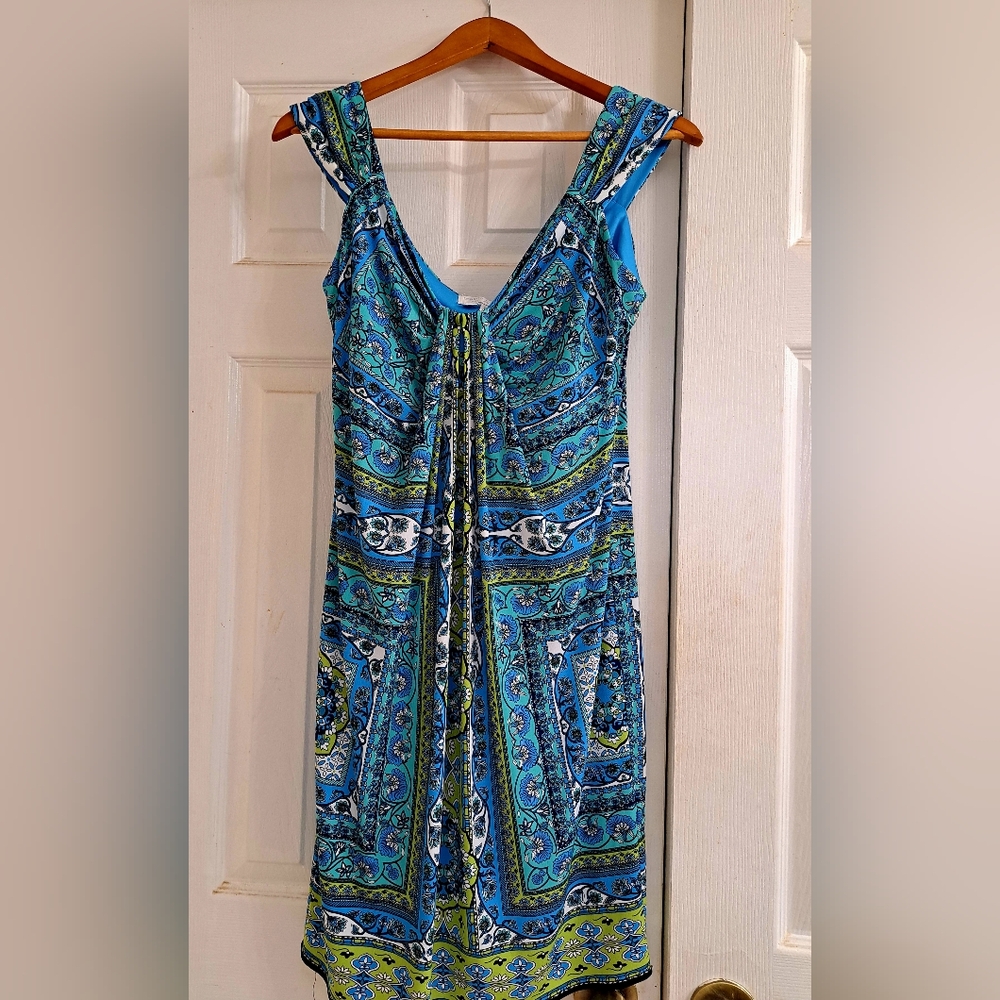 London Times Blue White Green Patterned Stretch Knit Flattering Midi Dress - Picture 3 of 5